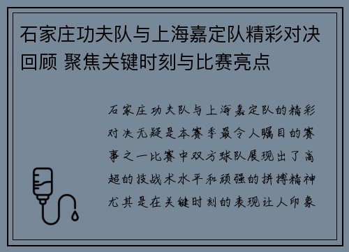 石家庄功夫队与上海嘉定队精彩对决回顾 聚焦关键时刻与比赛亮点